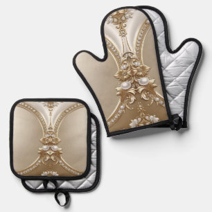 Golden Ornate Frame with Pearls Oven Mitt & Pot Holder Set