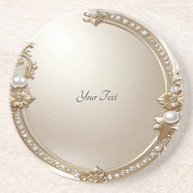 Golden Ornate Frame with Pearls Sandstone Coaster (Front)
