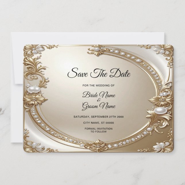 Golden Ornate Frame with Pearls Save The Date (Front)