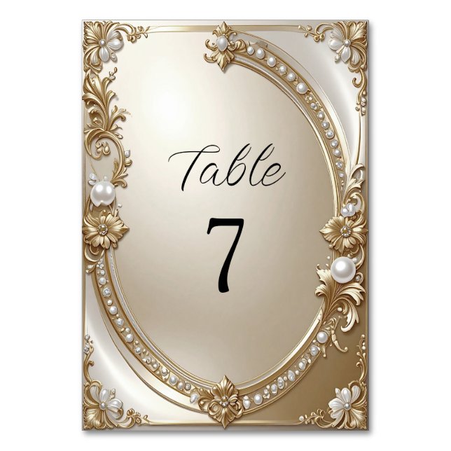Golden Ornate Frame with Pearls Table Number (Front)