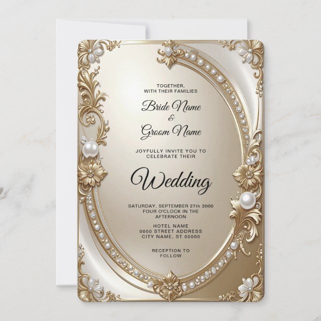 Golden Ornate Frame with Pearls Wedding Invitation (Front)
