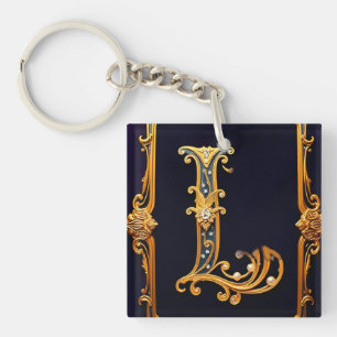 Golden Ornate Letter 'L' on Elegant Purple Velvet Key Ring