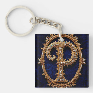Golden Ornate Letter 'P' on Elegant Velvet Key Ring
