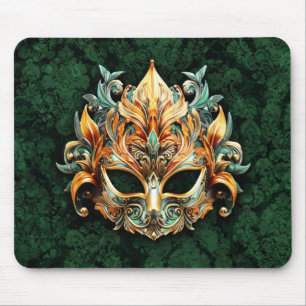 Golden Ornate Mask on Forest Green Background Mouse Pad