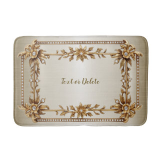 Golden Ornate Rectangle Dimond Flowers Shiny Bath Mat