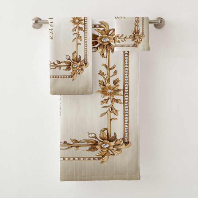 Golden Ornate Rectangle Dimond Flowers Shiny Bath Towel Set (Insitu)