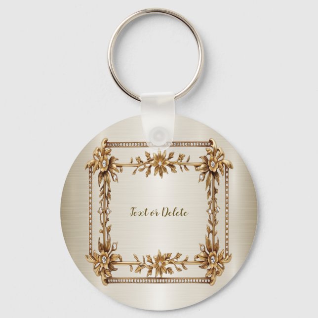 Golden Ornate Rectangle Dimond Flowers Shiny Key Ring (Front)