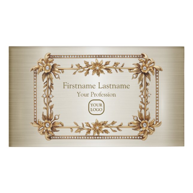 Golden Ornate Rectangle Dimond Flowers Shiny Name Tag (Front)