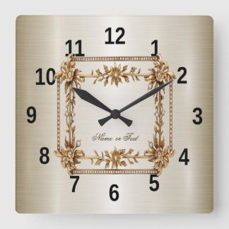 Golden Ornate Rectangle Dimond Flowers Shiny Square Wall Clock