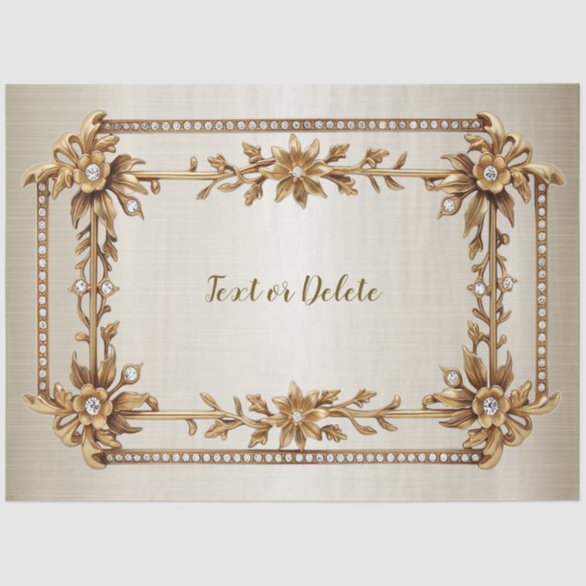 Golden Ornate Rectangle Dimond Flowers Shiny Tissue Paper (Front)