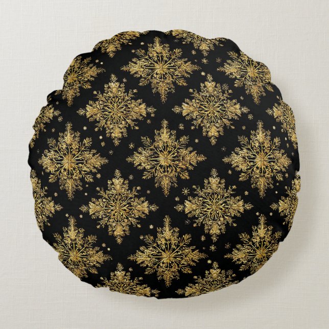 Golden Ornate Snowflake Pattern Round Cushion (Front)