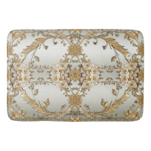 Golden Ornate White Flowers Bath Mat