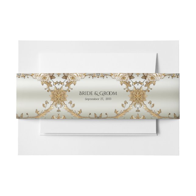 Golden Ornate White Flowers Belly Band Invitation Belly Band (Front Example)