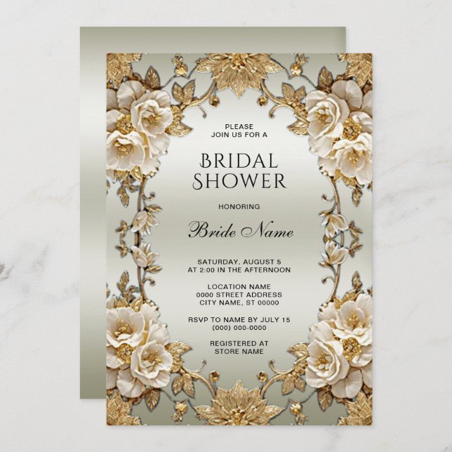 Golden Ornate White Flowers Bridal Shower Invitation (Front/Back)