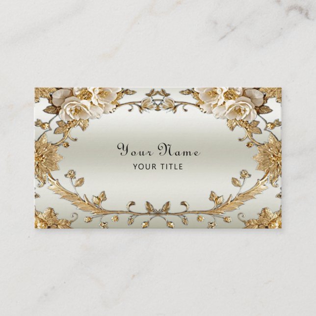 Golden Ornate White Flowers Business Card (Front)