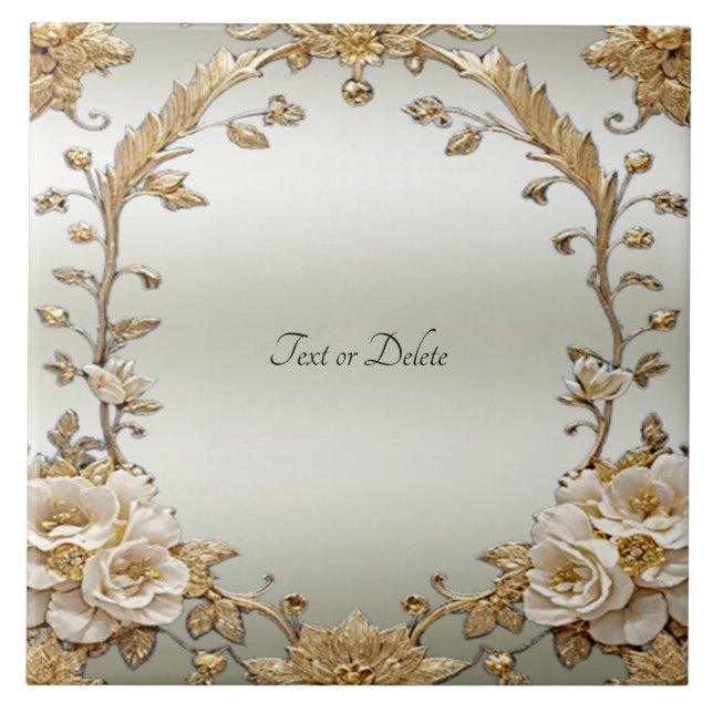 Golden Ornate White Flowers Ceramic Tile (Front)