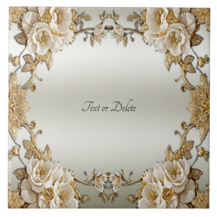 Golden Ornate White Flowers Ceramic Tile