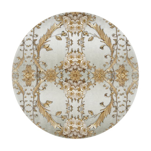 Golden Ornate White Flowers Cutting Board (Front)