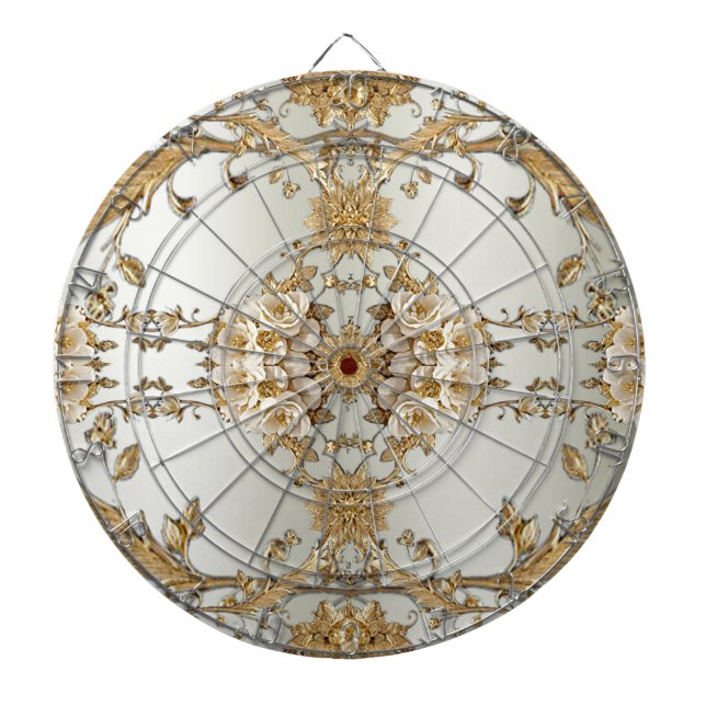 Golden Ornate White Flowers Dartboard (Front)