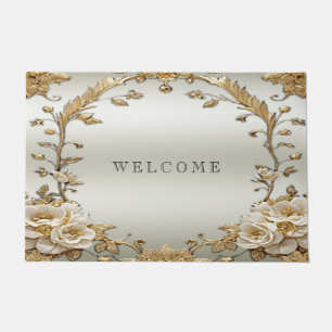 Golden Ornate White Flowers Doormat