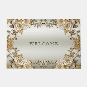 Golden Ornate White Flowers Doormat