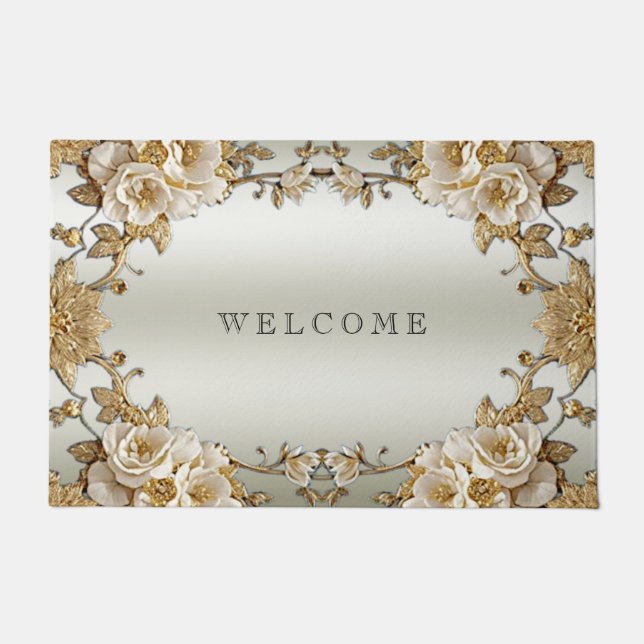 Golden Ornate White Flowers Doormat (Front)