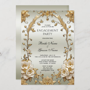 Golden Ornate White Flowers Engagement Invitation