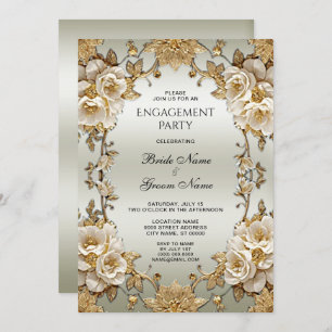 Golden Ornate White Flowers Engagement Invitation