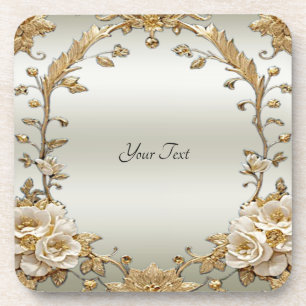 Golden Ornate White Flowers Hard Plastic Coaster
