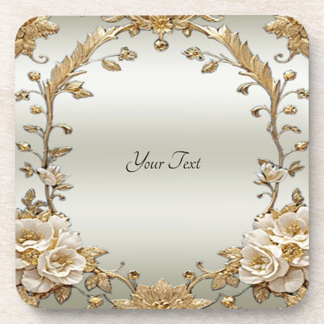 Golden Ornate White Flowers Hard Plastic Coaster (Front)
