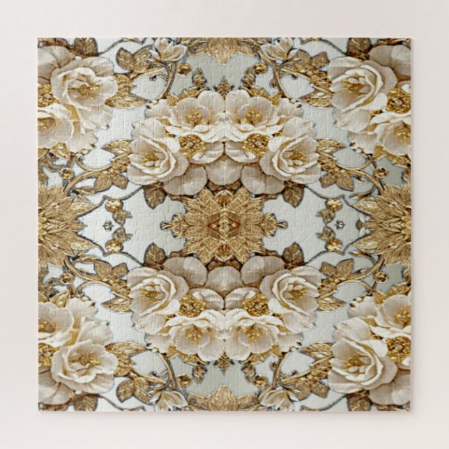 Golden Ornate White Flowers Jigsaw Puzzle (Vertical)