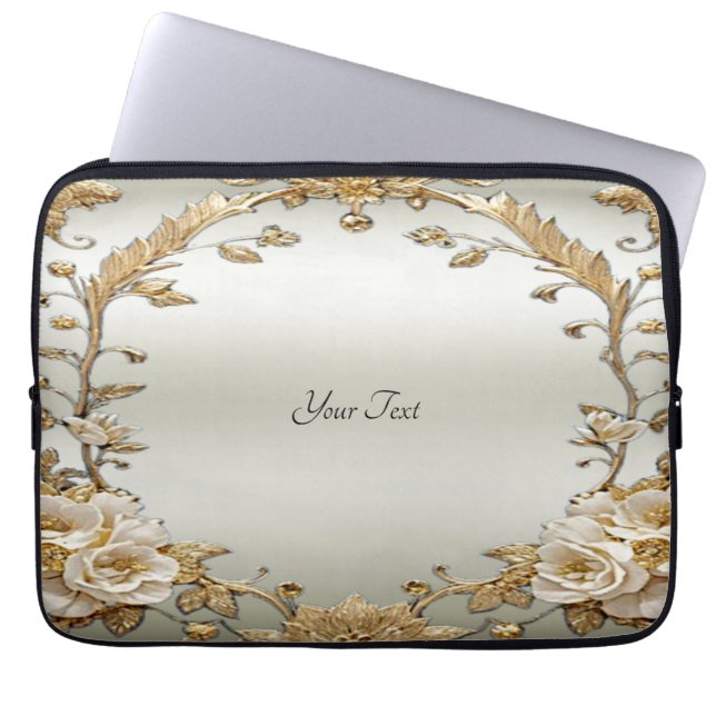 Golden Ornate White Flowers Laptop Sleeve (Front)