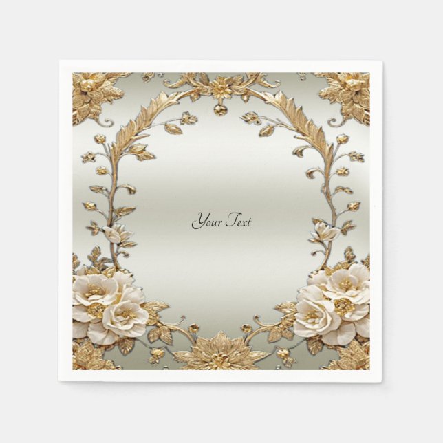 Golden Ornate White Flowers Napkins (Front)