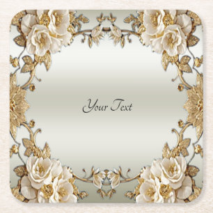 Golden Ornate White Flowers Paper Coaster