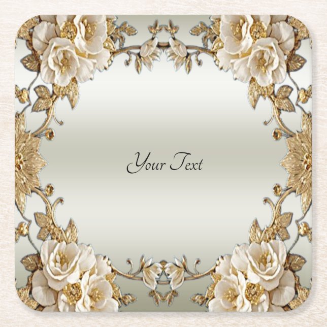 Golden Ornate White Flowers Paper Coaster (Front)