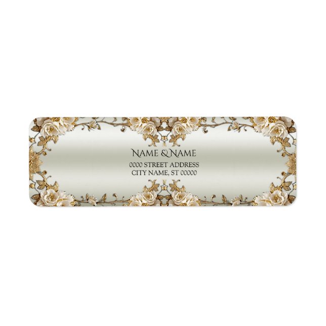 Golden Ornate White Flowers Return Address Label (Front)