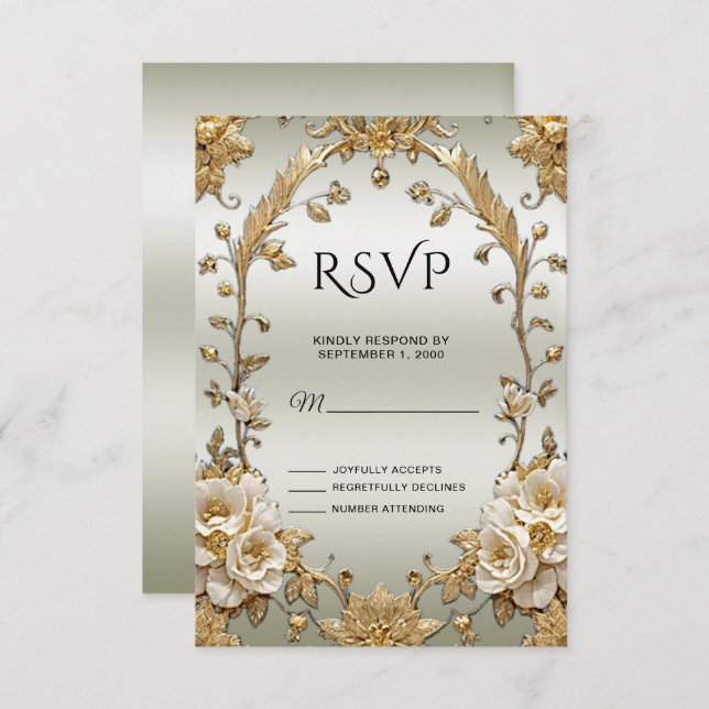 Golden Ornate White Flowers RSVP Card (Front/Back)