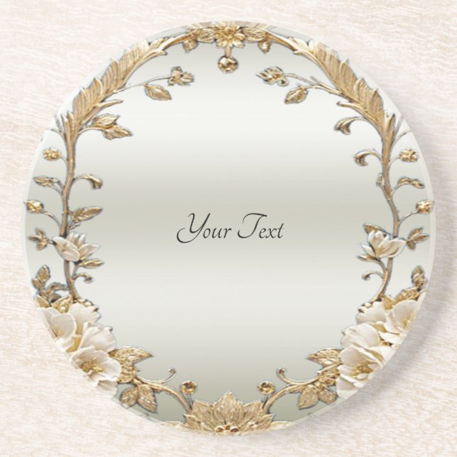 Golden Ornate White Flowers Sandstone Coaster (Front)