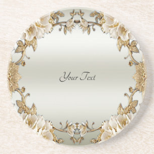 Golden Ornate White Flowers Sandstone Coaster