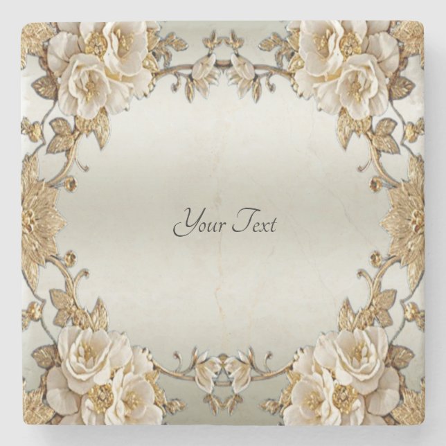 Golden Ornate White Flowers Stone Coaster (Front)