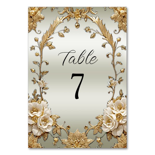 Golden Ornate White Flowers Table Number (Front)