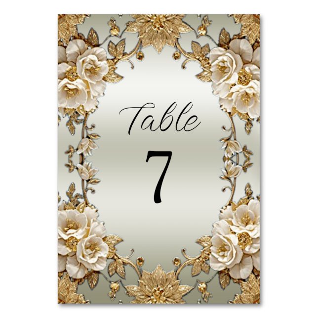 Golden Ornate White Flowers Table Number (Front)