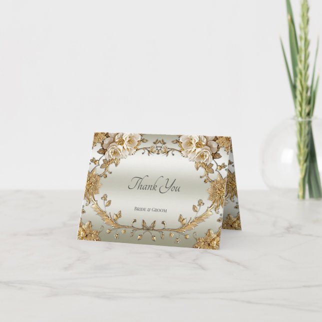 Golden Ornate White Flowers Thank You Card (Front)