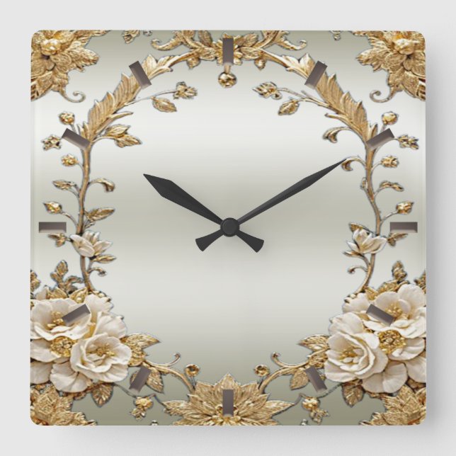 Golden Ornate White Flowers Wall Clock (Front)