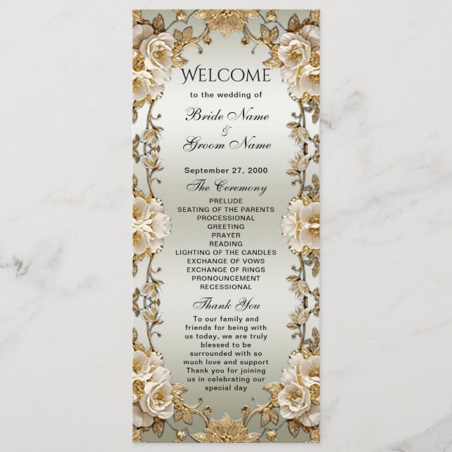 Golden Ornate White Flowers Wedding Program (Front)