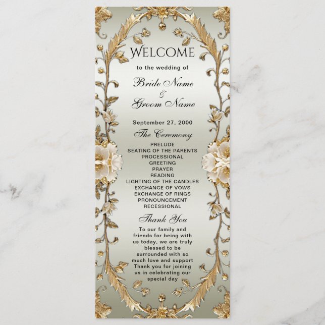 Golden Ornate White Flowers Wedding Program (Front)