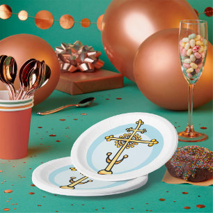 Golden Orthodox Cross Religious Symbol Paper Plate