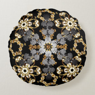 Golden Outline: Eastern Floral Decor Round Cushion