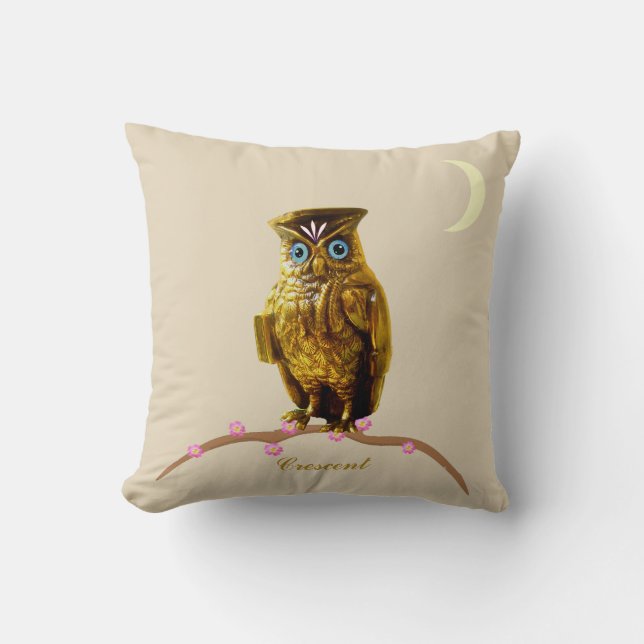 Golden Owl and Crescent Moon on Beige Cushion (Front)
