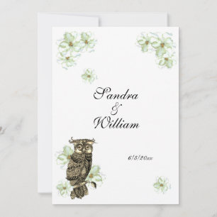  Golden Owl and Green Flowers Wedding Invitation